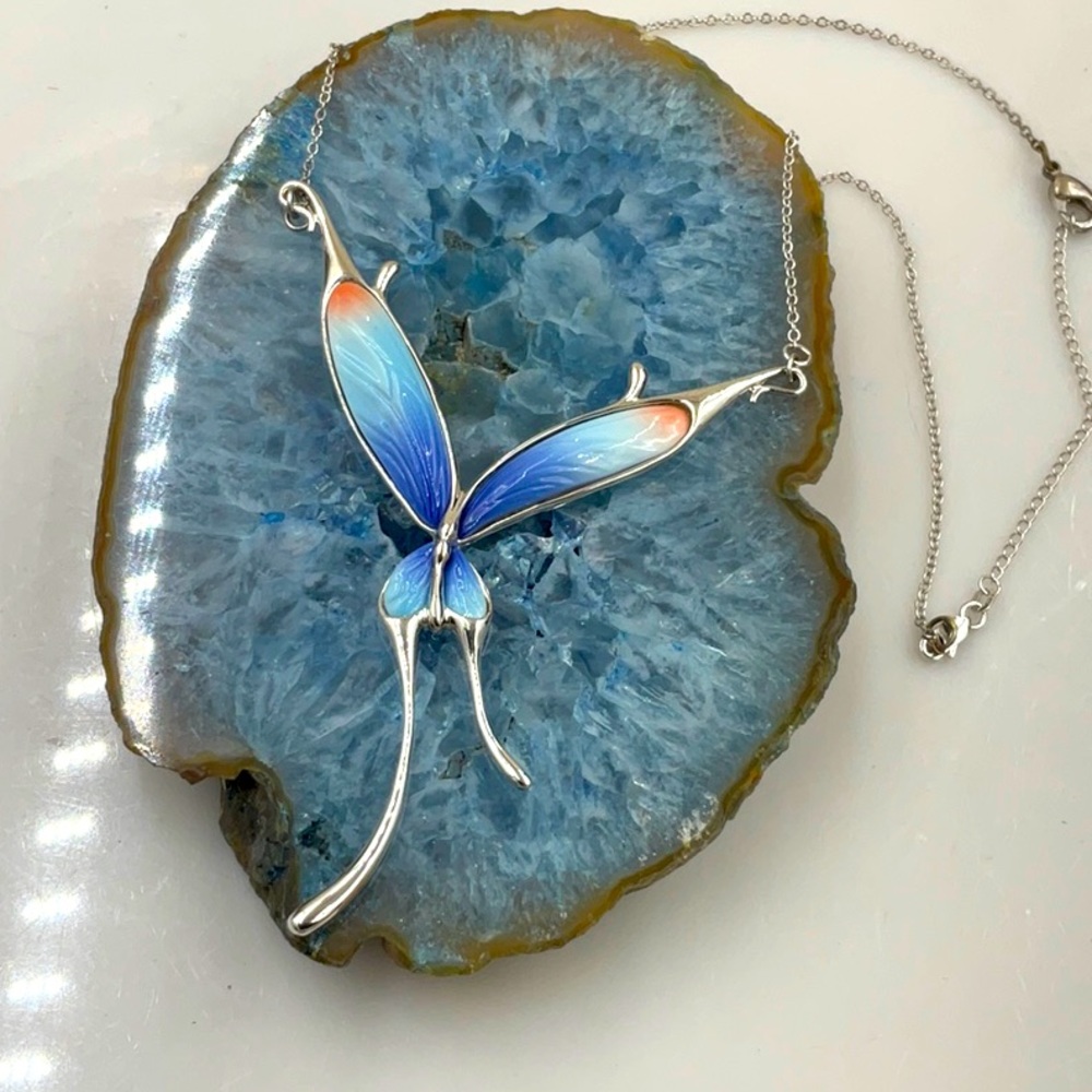 Vtg.16” Franz Breuning Signed Elegant Porcelain Blue Fade Butterfly Necklace - Picture 6 of 8